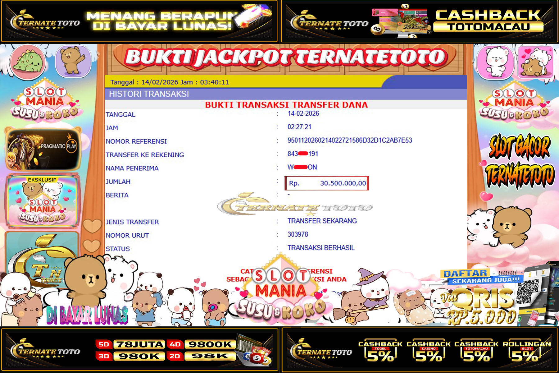 TERNATETOTO - SLOT MANIA SUSU & KOKO  DI PRAGMATIC Rp.30,500,000,-